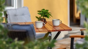 A wooden table with two white cups and a potted plant. - Vacation in Saxon Switzerland (Pirna OT. Graupa)