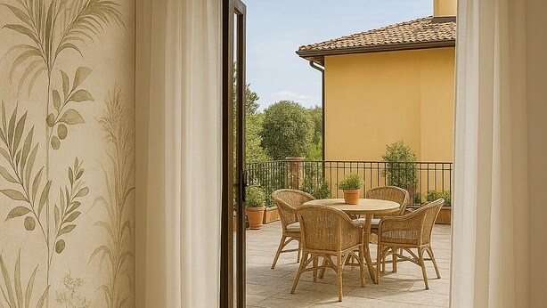 A room with a sliding glass door leading to an outdoor patio with wicker furniture and potted plants.