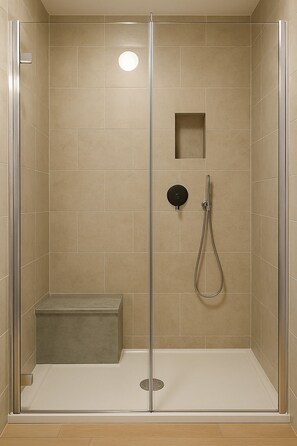 Shower, hair dryer, bidet, towels