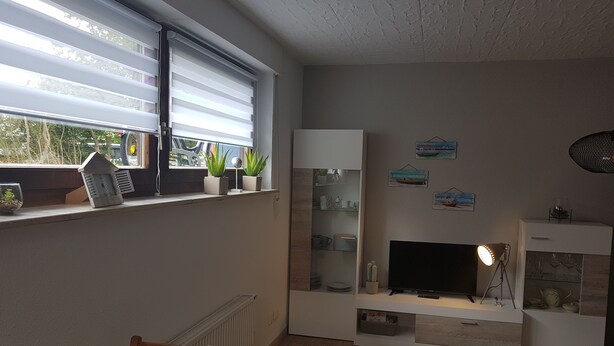 Una sala de estar moderna con televisor, estanterías y chimenea.
