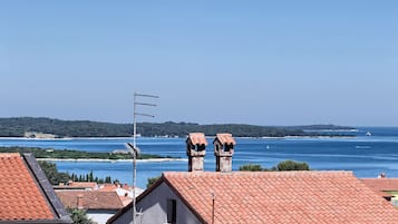 A coastal view with terracotta-roofed buildings, a clear sky, and a distant shoreline.