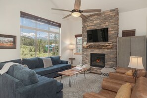 Televisión, chimenea, libros y estéreo 