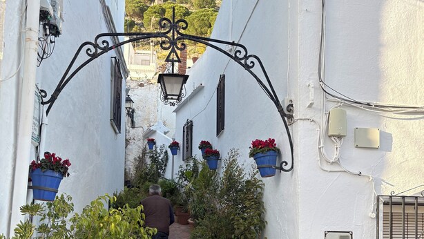 Un estrecho callejón con edificios blancos, plantas en macetas y una persona caminando.