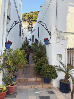 Un estrecho callejón con edificios blancos, plantas en macetas y una persona caminando.