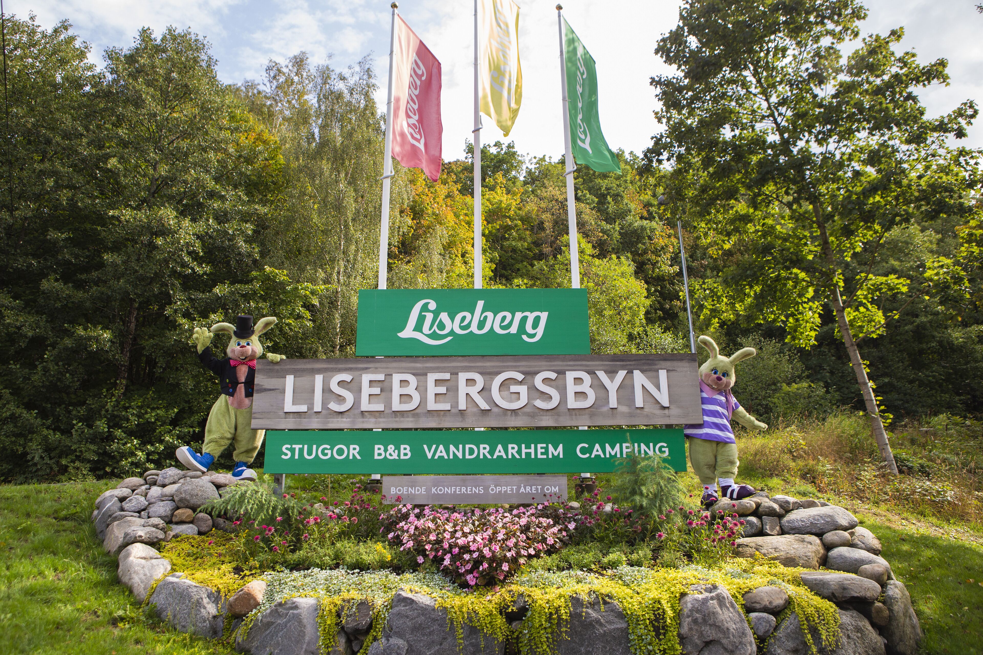 Señal de Lisebergstugor B&B, albergue juvenil y camping con dos mascotas.