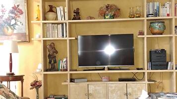 TV, DVD player, books, stereo