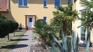 A yellow building with a red-tiled roof, a paved pathway, and various plants including agave and palm trees.