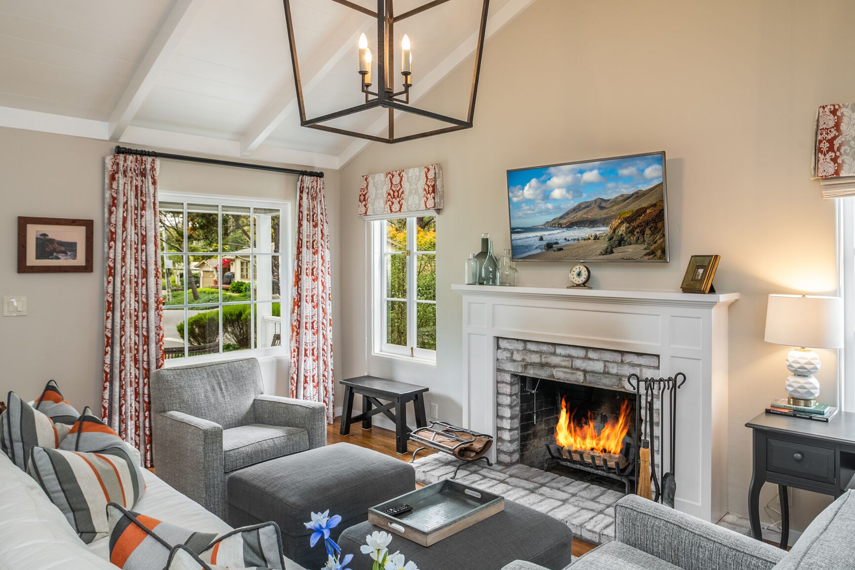 TV, fireplace, smart speakers
