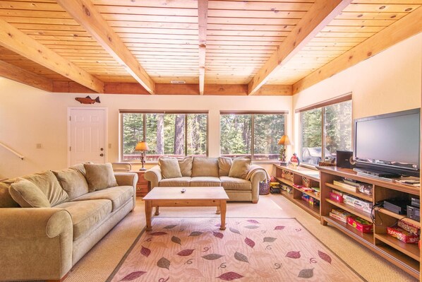 Talo, useita sänkyjä (CLUBHOUSE -  HOT TUB - QUIET LOCATION) | Olohuone | Televisio, takka, DVD-soitin