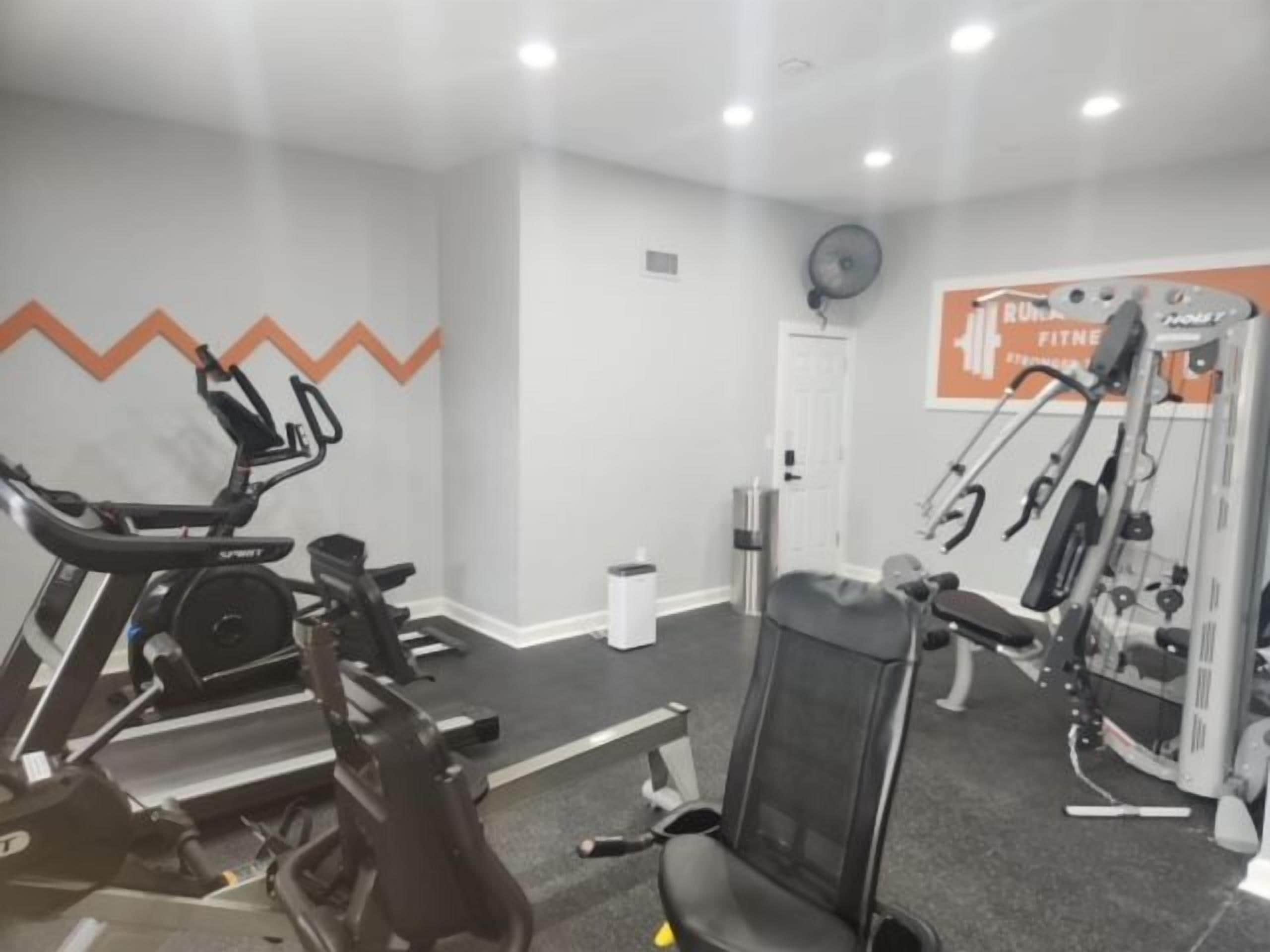 A gym with a stationary bike, a weight bench, and a wall-mounted exercise machine.