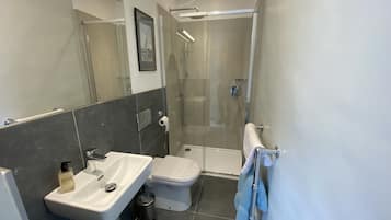 Combined shower/bathtub, hair dryer, towels, soap