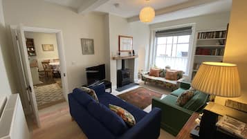 Smart TV, fireplace, books, music library