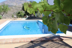 Una piscina con superficie de agua cristalina azul, rodeada por un suelo de baldosas.