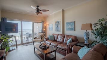 Condo, Multiple Beds, Private Pool, Beach View | Living room | 42-inch TV with cable channels