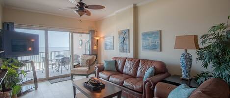 Condo, Multiple Beds, Private Pool, Beach View | Living room | 42-inch TV with cable channels