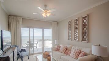 Condo, Multiple Beds, Private Pool, Beach View | Living room | 42-inch TV with cable channels