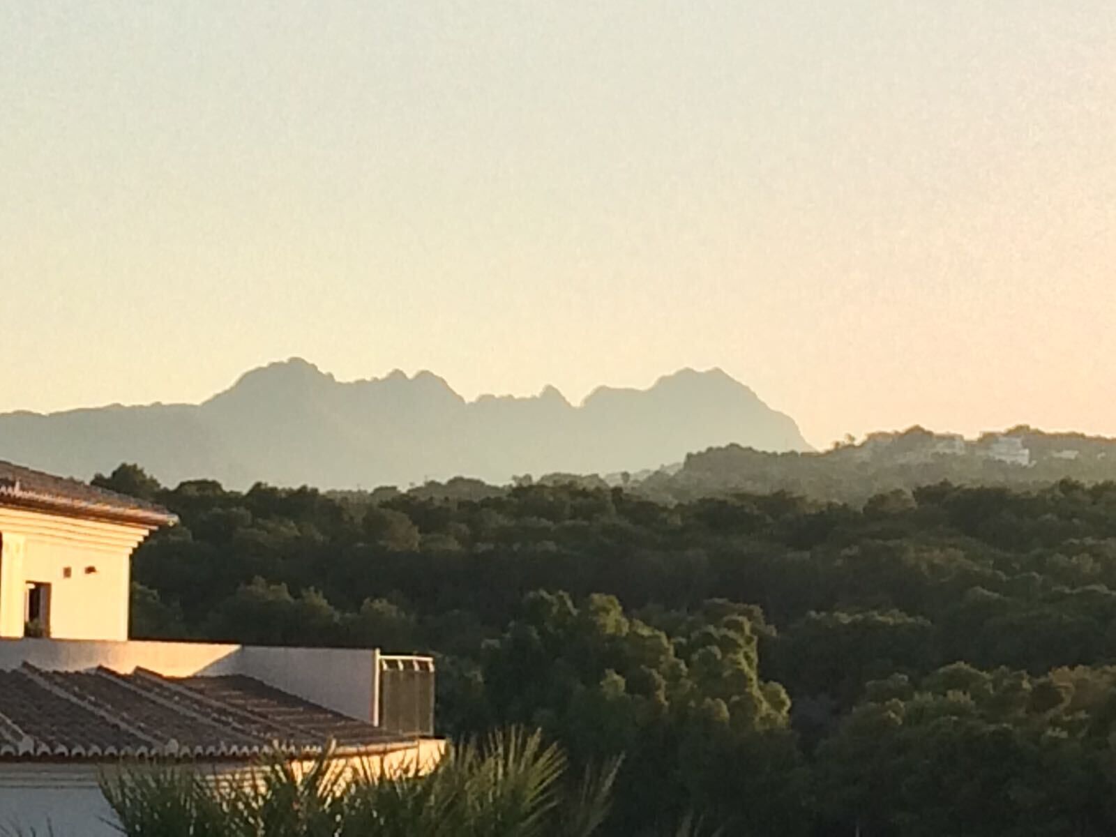 A building with a tiled roof and a flat facade, surrounded by dense greenery and mountains in the background.