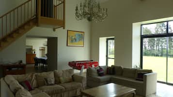 TV, fireplace, table football