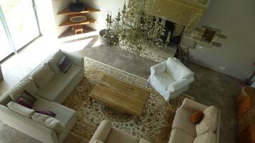 TV, fireplace, table football