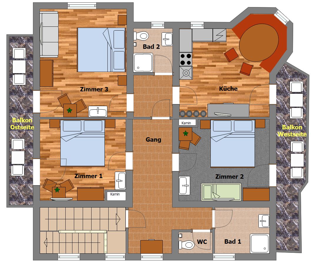 Ein Hotelgrundriss mit drei Schlafzimmern, zwei Badezimmern, einer Küche, einem Essbereich und einem Balkon.