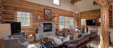 Télévision, cheminée, lecteur de DVD