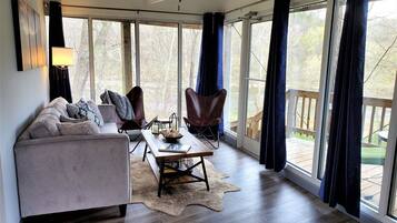 TV layar datar, perapian, dan pemutar DVD