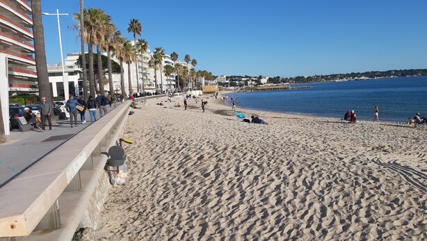 A beach with a promenade lined with palm trees and buildings. - Studio in the center of Juan-les-pins (Antibes)