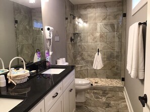 Combined shower/bathtub, hair dryer, towels, soap