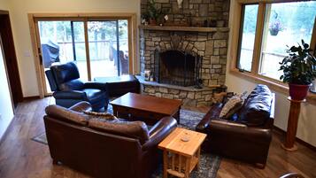 TV connectée, cheminée, lecteur de DVD, livres