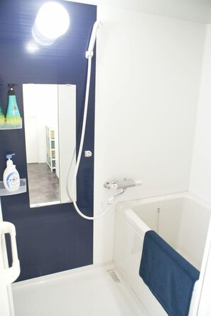 Combined shower/tub, free toiletries, hair dryer, bidet
