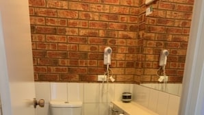 Baño pequeño con inodoro, lavamanos y pared de ladrillo.