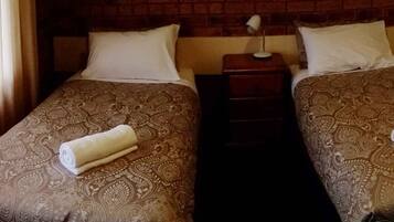 Habitación de hotel con dos camas individuales, cada una con colcha estampada y toalla enrollada. Hay una mesita de noche con lámpara entre las camas.