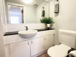 Chuveiro, secador de cabelo, toalhas de banho, sabonete