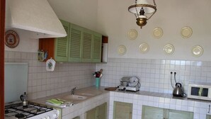 Una cocina con estufa a gas, lavamanos y gabinetes verdes. Hay platos colgados en la pared y un microondas en la encimera.