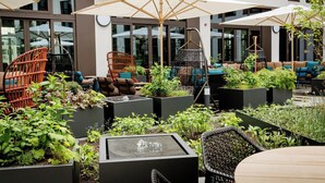 An outdoor seating area with wicker chairs, planters with greenery, and umbrellas providing shade.
