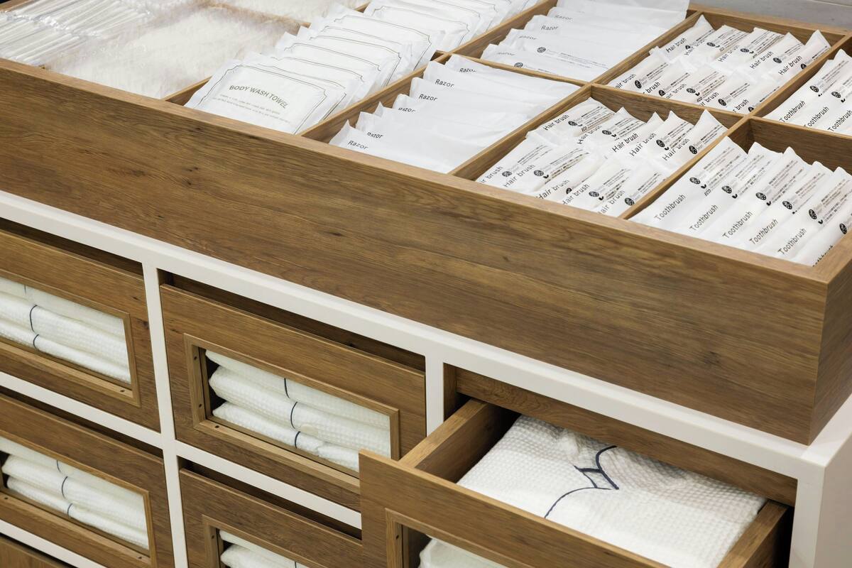 A neatly organized storage area with multiple compartments containing various toiletries and personal care items.