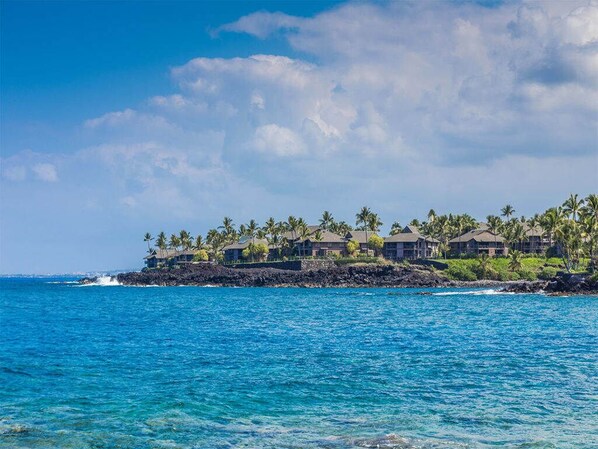Un complejo turístico frente al mar con varias edificaciones, palmeras y un litoral rocoso.