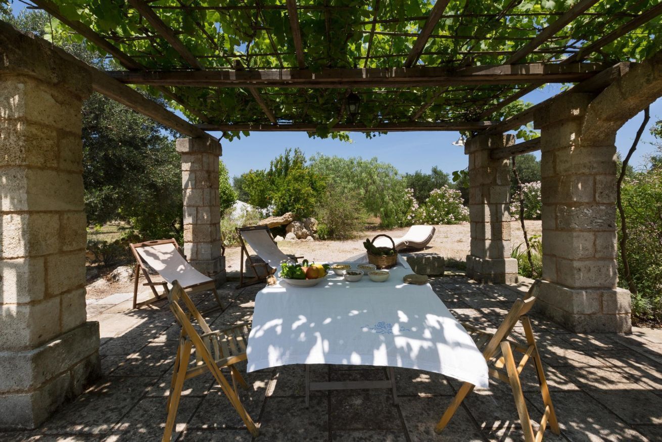 An outdoor dining area with a pergola, stone pillars, and a table set with food and drinks.