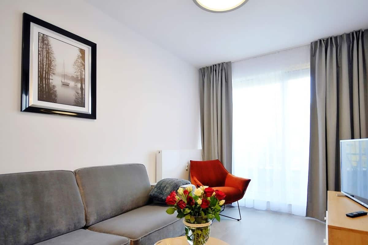 Ein modernes Wohnzimmer mit grauem Sofa, einem roten Sessel, einem Flachbildfernseher und einem gerahmten Bild an der Wand.