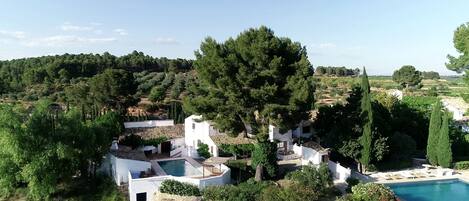 Outdoor pool, pool umbrellas, sun loungers