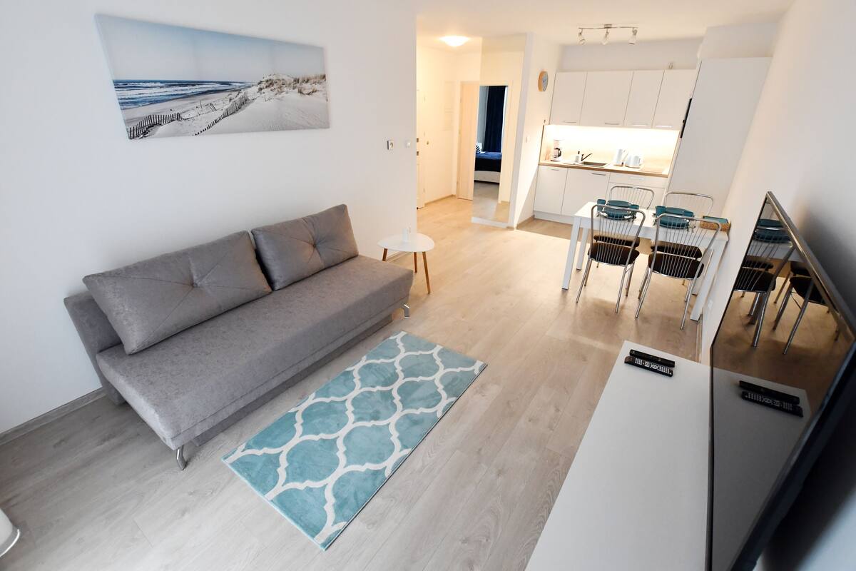 Comfort appartement (20 Bałtycka6) | Woonruimte | Een 40-inch flatscreentelevisie met kabelzenders en televisie
