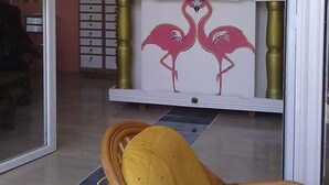 A room with a white fireplace, a yellow chair, and a door leading to another room. - Flamingo Apartments by CorfuEscapes (Corfu)