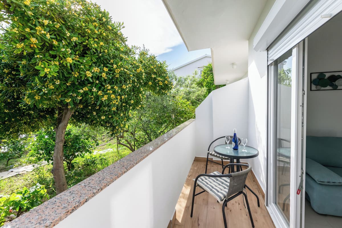 A balcony with a table and chairs, a view of greenery, and a sliding glass door leading to a room with a blue sofa.