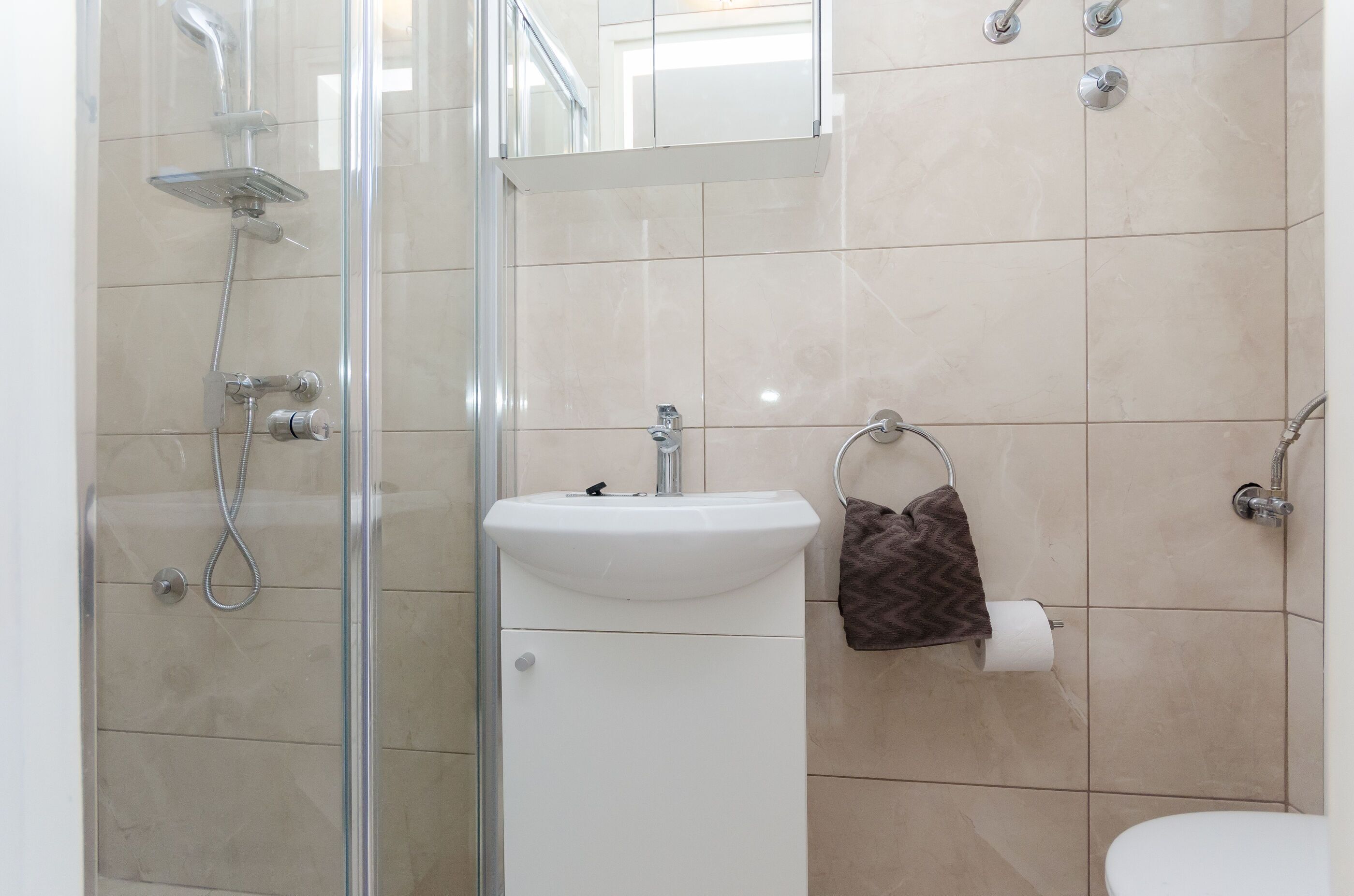 Un baño moderno con ducha de vidrio, un lavabo blanco y un inodoro.