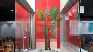 Un espacio interior moderno con un cerramiento de vidrio que contiene una planta en maceta, piedras blancas y una zona de estar con sillas de madera.