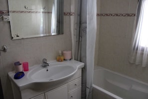 Combined shower/bathtub, hair dryer, bidet, towels