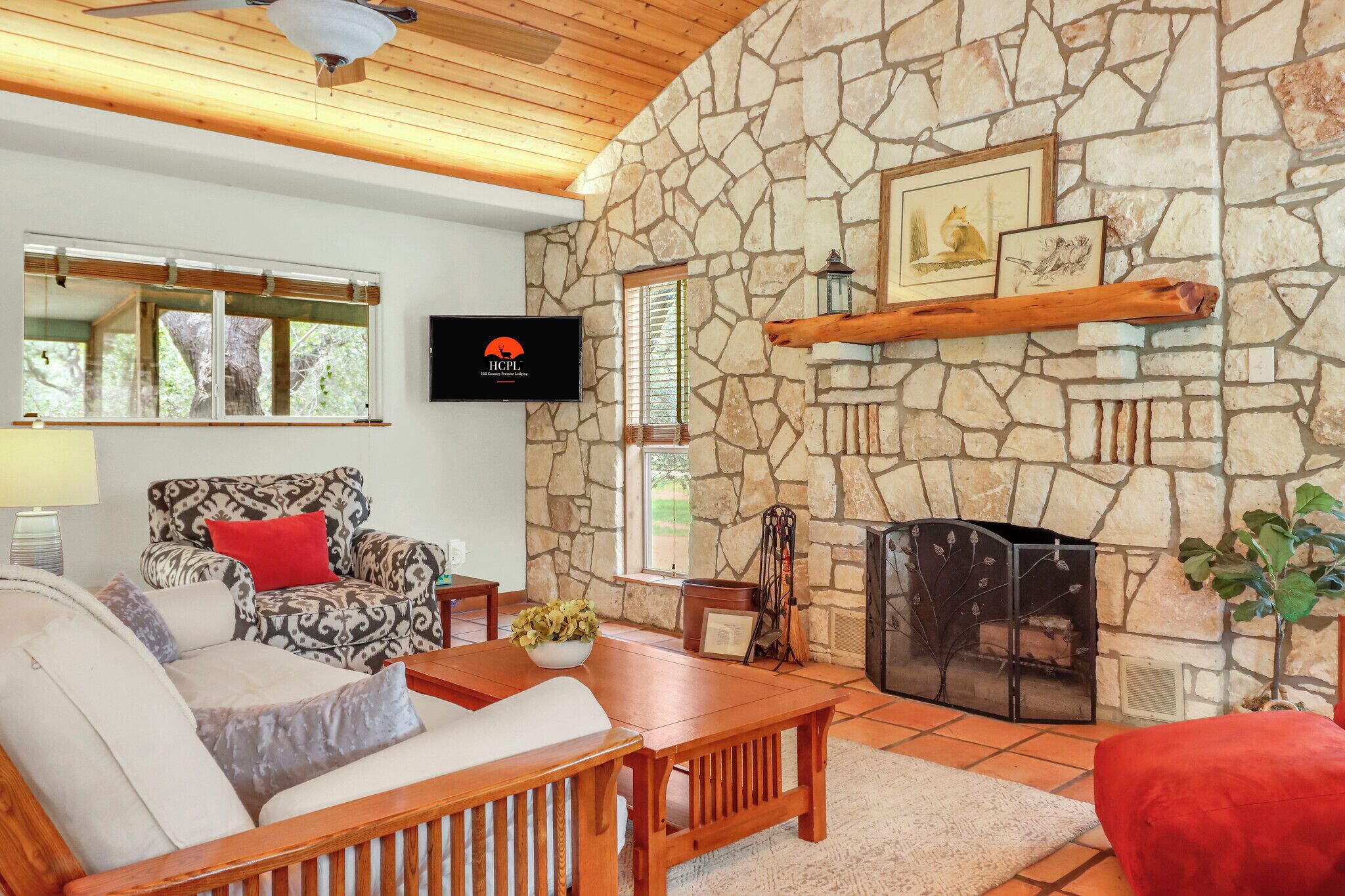 TV, fireplace