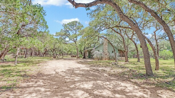 A rustic cabin surrounded by trees with a dirt path leading to it. - Rosemary Cabin I Couples, Stargazing, Hill Country (Wimberley)