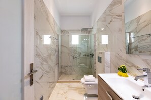 Shower, hair dryer, towels