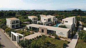 A modern villa with a swimming pool, surrounded by lush greenery and a clear view of the mountains. - Hooga (Preveza)